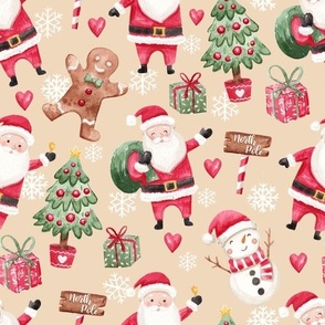 Cute watercolor santa with friends Christmas fabric beige