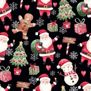 Cute watercolor santa with friends Christmas fabric black