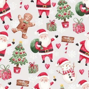 Cute watercolor santa with friends Christmas fabric light gray