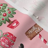 Cute watercolor santa with friends Christmas fabric pink