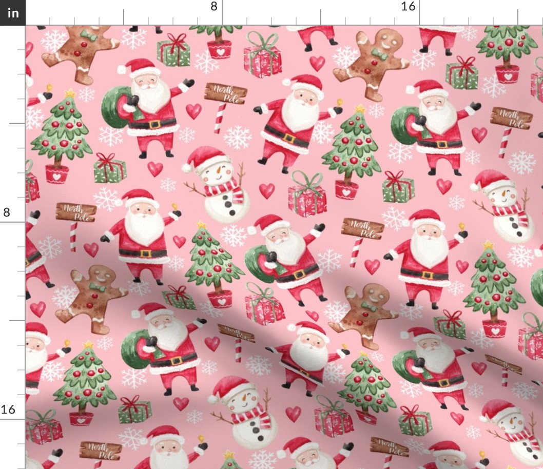 Cute watercolor santa with friends Christmas fabric pink