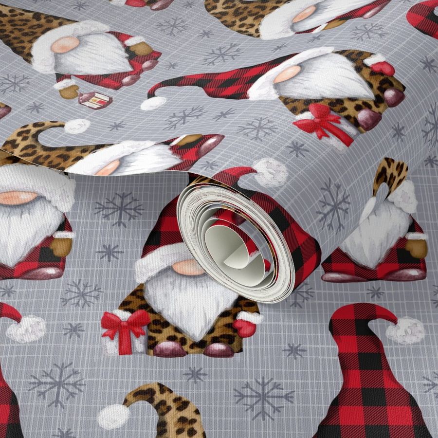 Leopard and plaid print Christmas gnomes gray