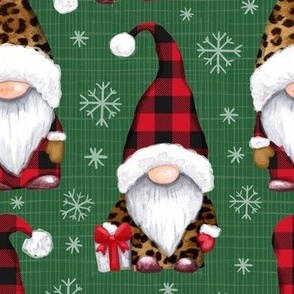 Leopard and plaid print Christmas gnomes green