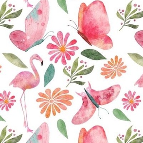 Butterflies and flamingos seamless pattern