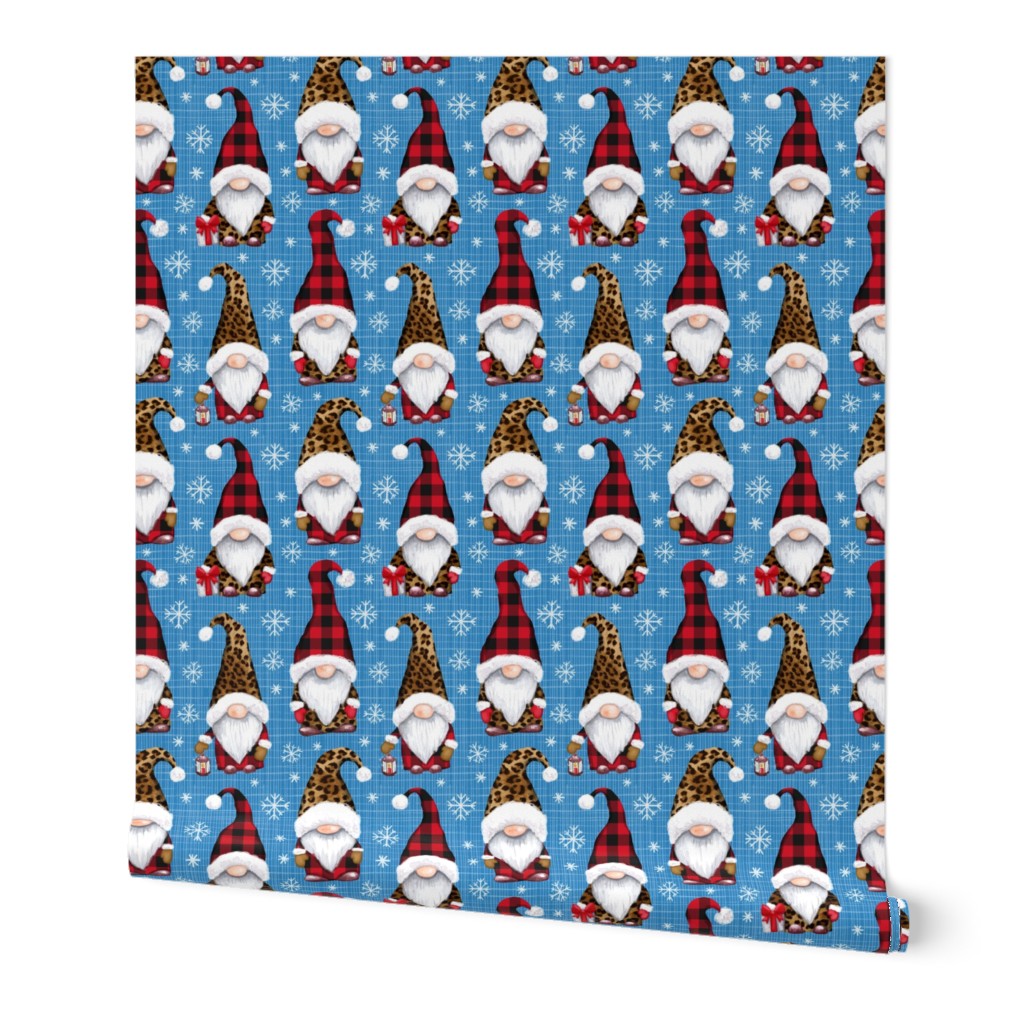 Leopard and plaid print Christmas gnomes blue