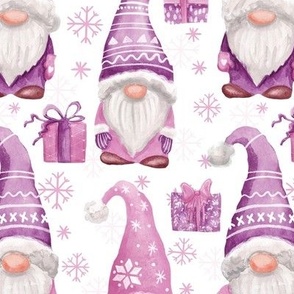 Watercolor Christmas gnomes pink and purple - white
