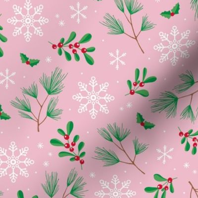 Sweet boho Christmas garden botanical elements mistletoe and pine needles snowflake night apple green red on pink