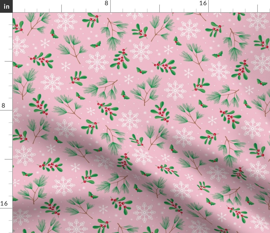 Sweet boho Christmas garden botanical elements mistletoe and pine needles snowflake night apple green red on pink