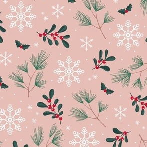 Sweet boho Christmas garden botanical elements mistletoe and pine needles snowflake night green red on moody pink rose