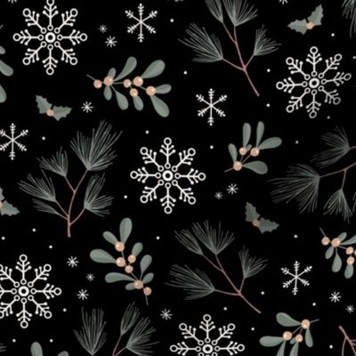 Sweet boho Christmas garden botanical elements mistletoe and pine needles snowflake night soft olive sage green on black