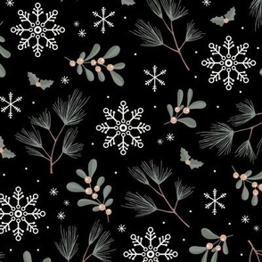 Sweet boho Christmas garden botanical elements mistletoe and pine needles snowflake night soft olive sage green on black
