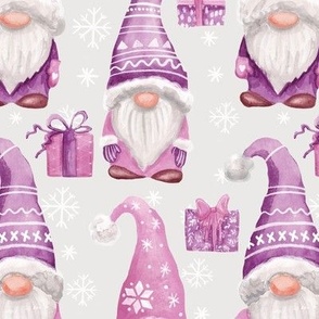 Watercolor Christmas gnomes pink and purple - gray