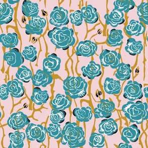 Blossom joy_modern Art Deco_Blue flowers on pink for spring, wallpaper and bedding.