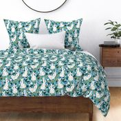 White Chalk Bunny Floral on Teal - large