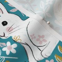 White Chalk Bunny Floral on Teal - large