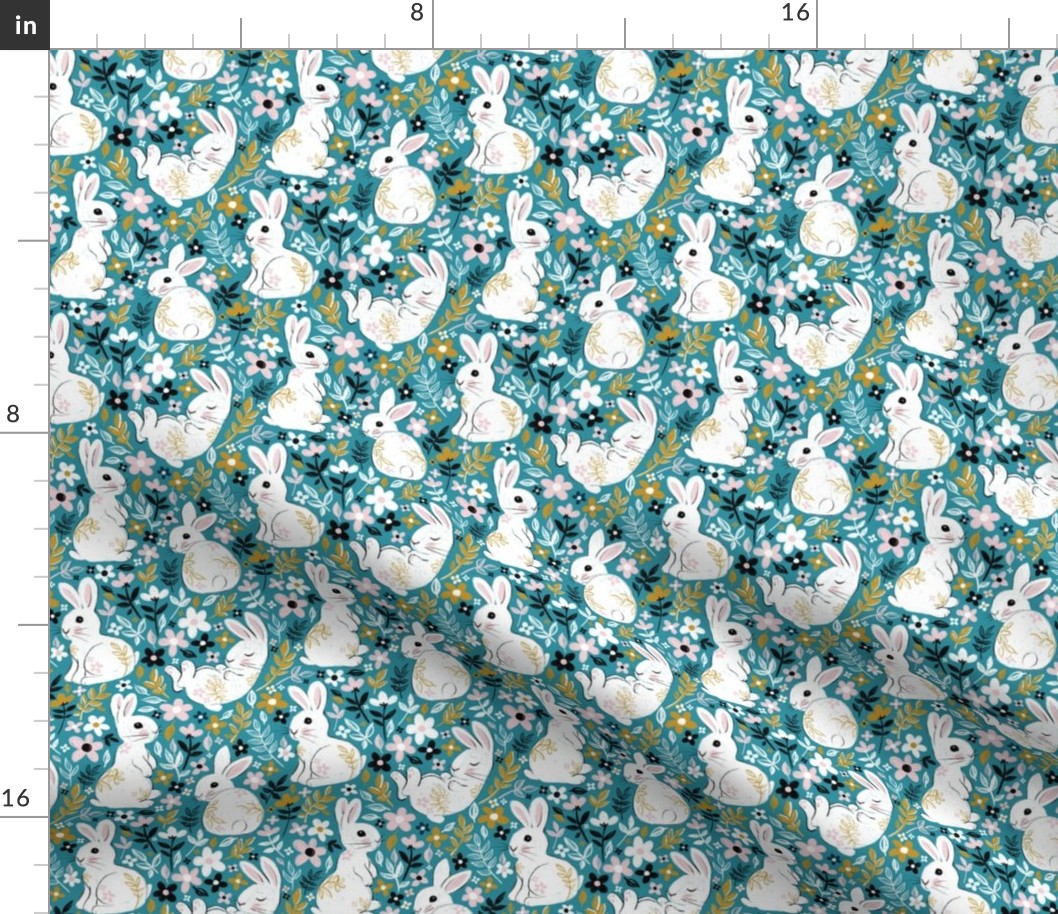 White Chalk Bunny Floral on Teal - small