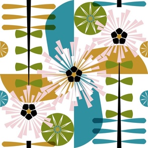 Joy, Pinwheels and Posies / Flowers / Geometric / Abstract / Blue Green Pink / Large