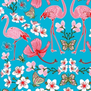 Cherry Blossom Flamingdango on Turquoise Blue - flamingoes