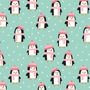 (med scale) cute winter penguins - pink and mint - C21