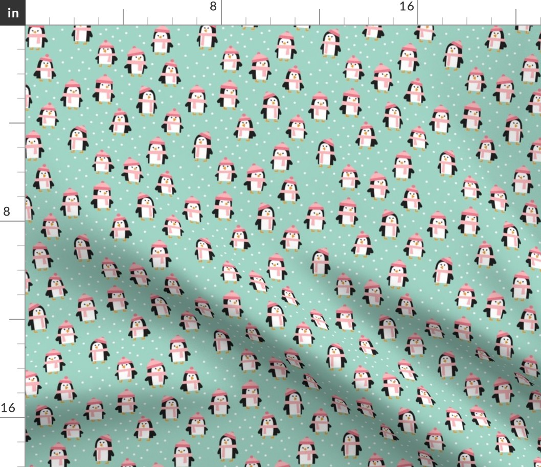 (med scale) cute winter penguins - pink and mint - C21