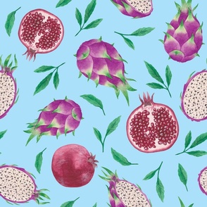 (large) Pink tropical fruit, blue background