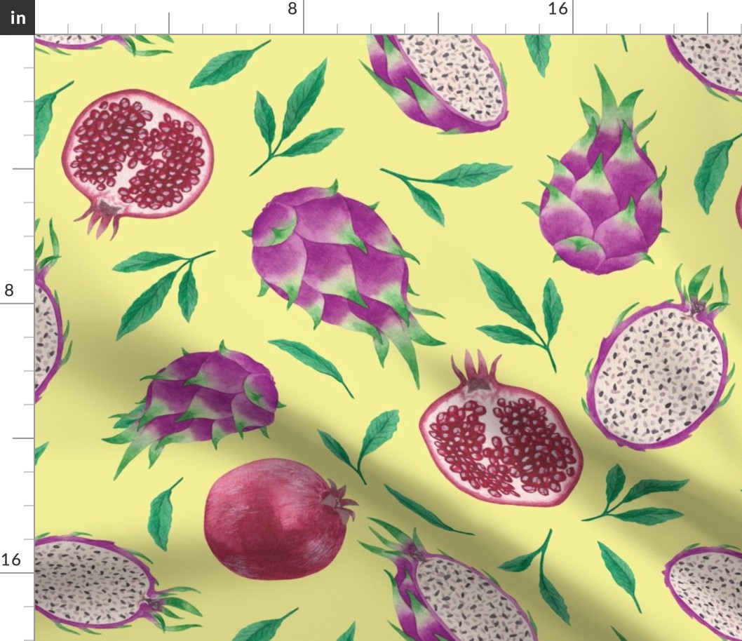 (large) Pink tropical fruit, yellow background