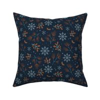 Sweet boho Christmas garden botanical elements mistletoe and pine needles snowflake night rust cinnamon copper on navy blue