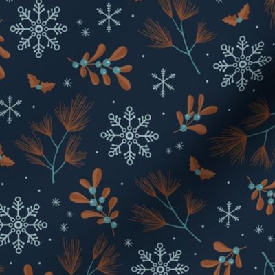 Sweet boho Christmas garden botanical elements mistletoe and pine needles snowflake night rust cinnamon copper on navy blue