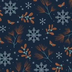 Sweet boho Christmas garden botanical elements mistletoe and pine needles snowflake night rust cinnamon copper on navy blue