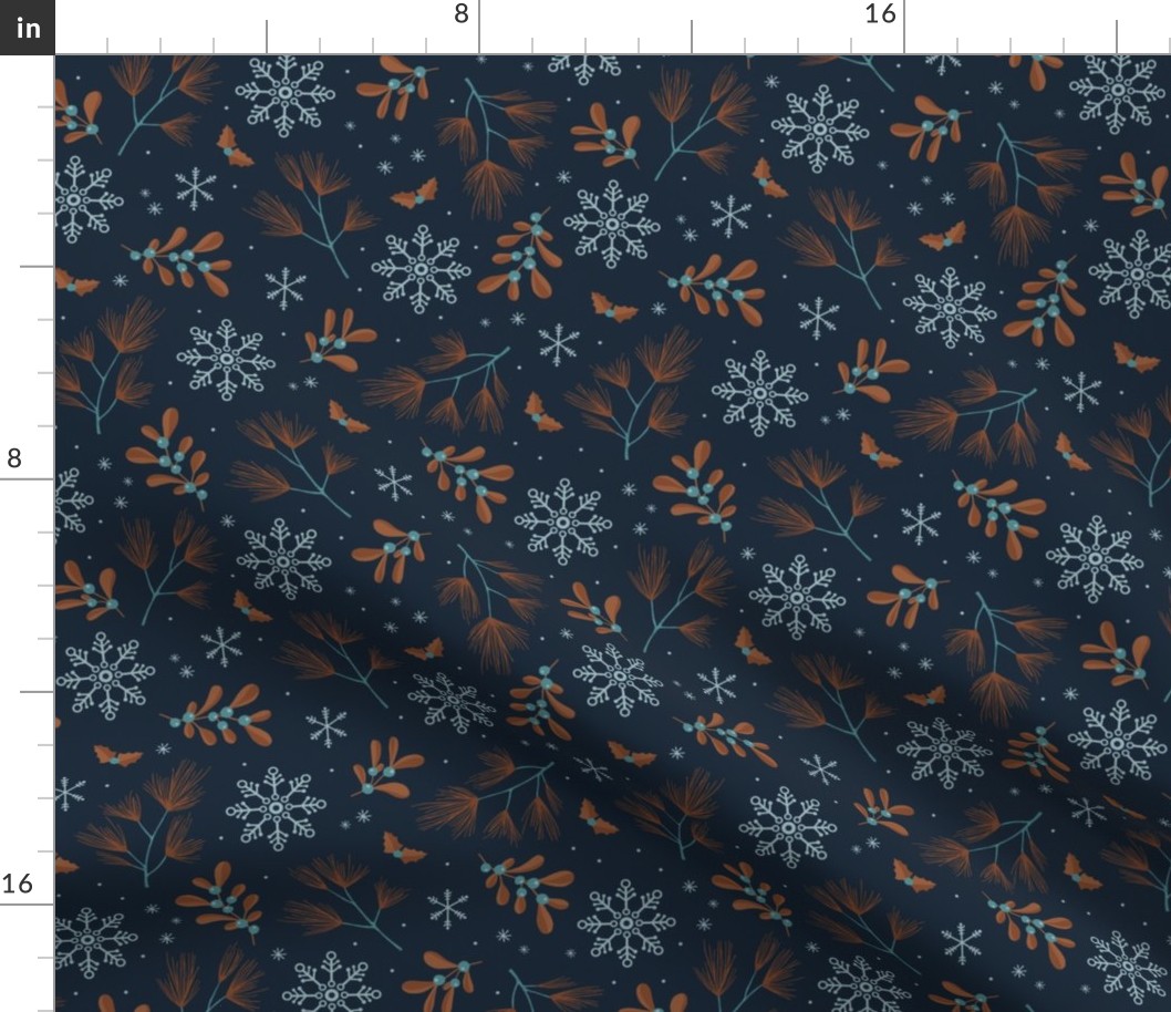 Sweet boho Christmas garden botanical elements mistletoe and pine needles snowflake night rust cinnamon copper on navy blue