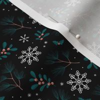 Sweet boho Christmas garden botanical elements mistletoe and pine needles snowflake night teal burnt orange on black SMALL