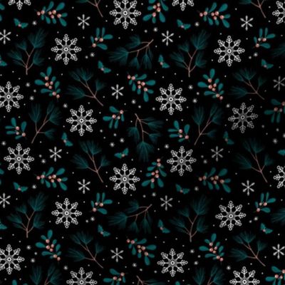 Sweet boho Christmas garden botanical elements mistletoe and pine needles snowflake night teal burnt orange on black SMALL