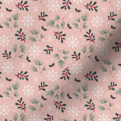 Sweet boho Christmas garden botanical elements mistletoe and pine needles snowflake night green red on moody pink rose SMALL