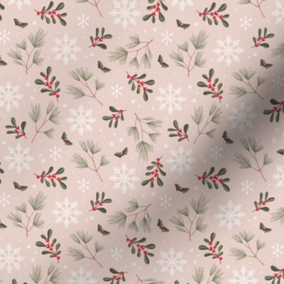 Sweet boho Christmas garden botanical elements mistletoe and pine needles snowflake night red olive green on beige sand SMALL