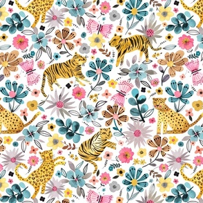 Jungle tiger garden Safari floral Mustard Blue Pink Medium