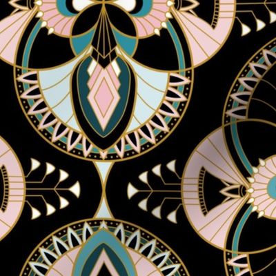 Art Deco Joy - Ornate Egyptian inspired motifs - Black, Lagoon, Cotton Candy, Mustard - Petal Solids Coordinate - large