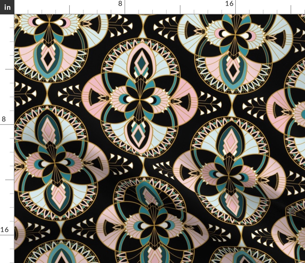 Art Deco Joy - Ornate Egyptian inspired motifs - Black, Lagoon, Cotton Candy, Mustard - Petal Solids Coordinate - large