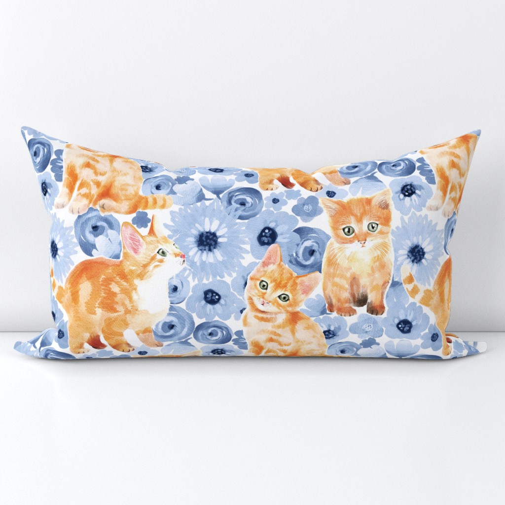 Ginger Kitten Floral in Watercolor - china blue and white 