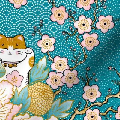 Happy Neko Blooms (lagoon) 24" // Japanese lucky cat