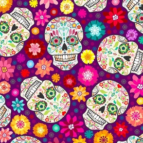 Colorful Sugar Skulls on Purple - XL