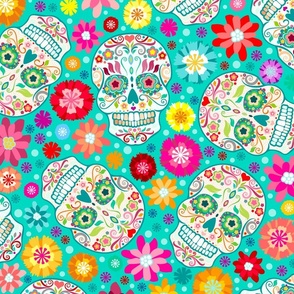 Colorful Sugar Skulls on Teal - XL