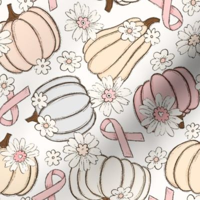 Pink Ribbon Floral Pumpkins Cream Background - medium scale