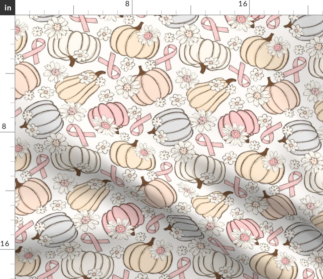 Pink Ribbon Floral Pumpkins Cream Background - medium scale