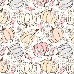 Pink Ribbon Floral Pumpkins Cream Background - large scale