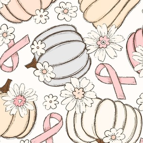 XL Pink Ribbon Floral Pumpkins Cream Background - extra large scale