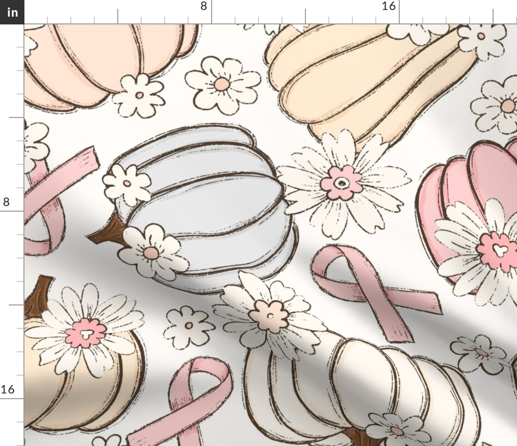 XL Pink Ribbon Floral Pumpkins Cream Background - extra large scale