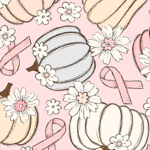 XL Pink Ribbon Floral Pumpkins Pink Background - extra large scale