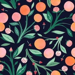 Peaches and Peony Buds Navy
