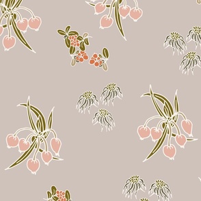 Berries, moss and swamp flowers in apricot, red and green color on light tan brown