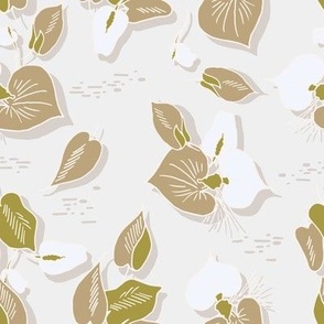 white Callas and big olive green leaves on beige